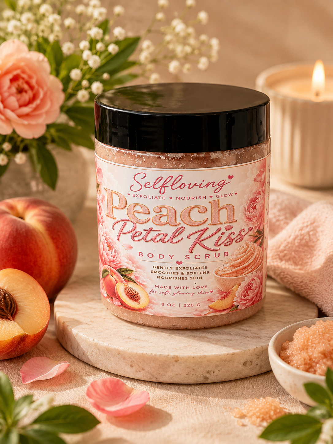 Selfloving Peach Petal Kiss Body Scrub – Exfoliating & Nourishing Peach Sugar Scrub, 8 oz