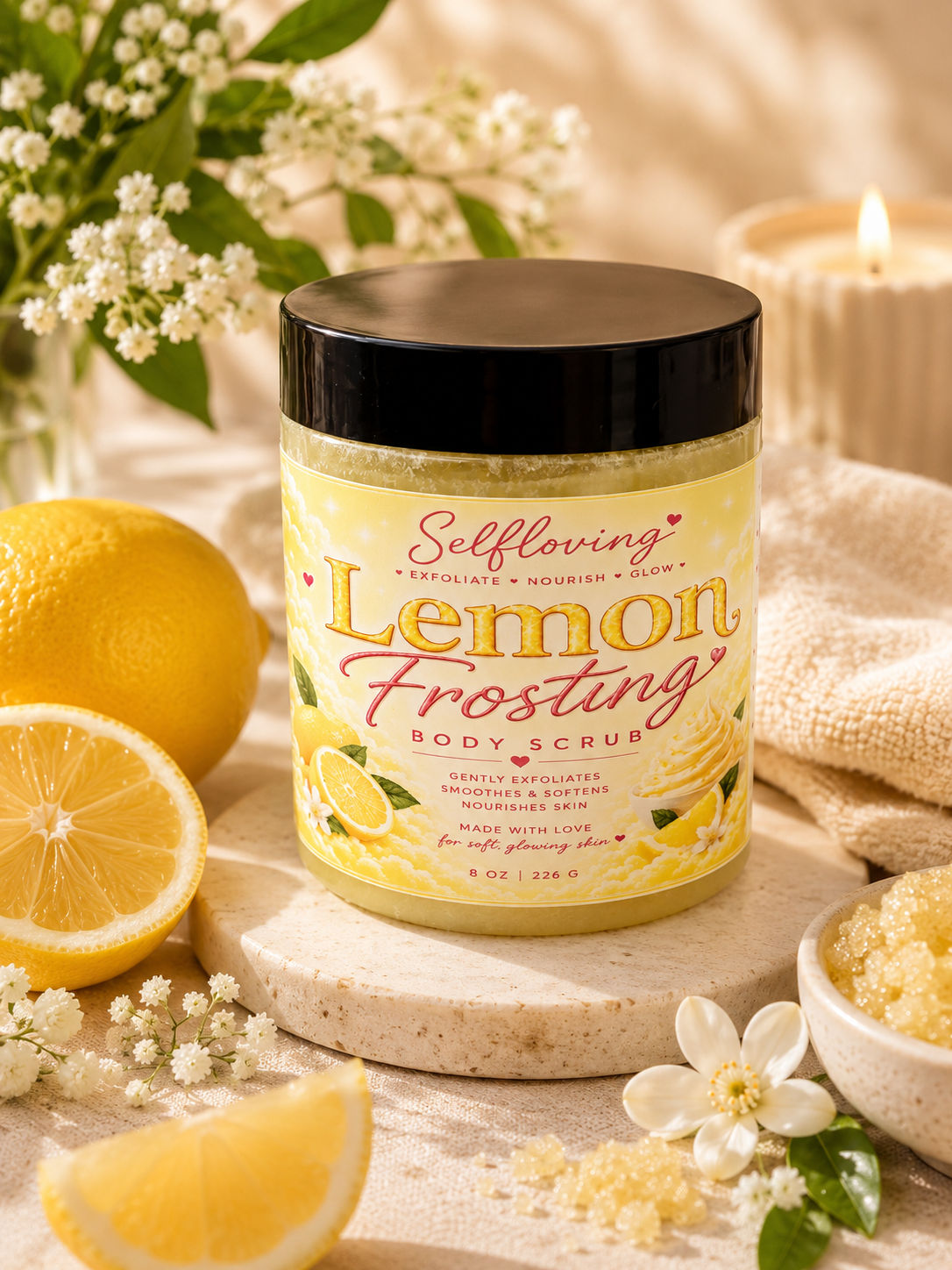 Selfloving Lemon Frosting Body Scrub – Exfoliating & Nourishing Lemon Sugar Scrub, 8 oz