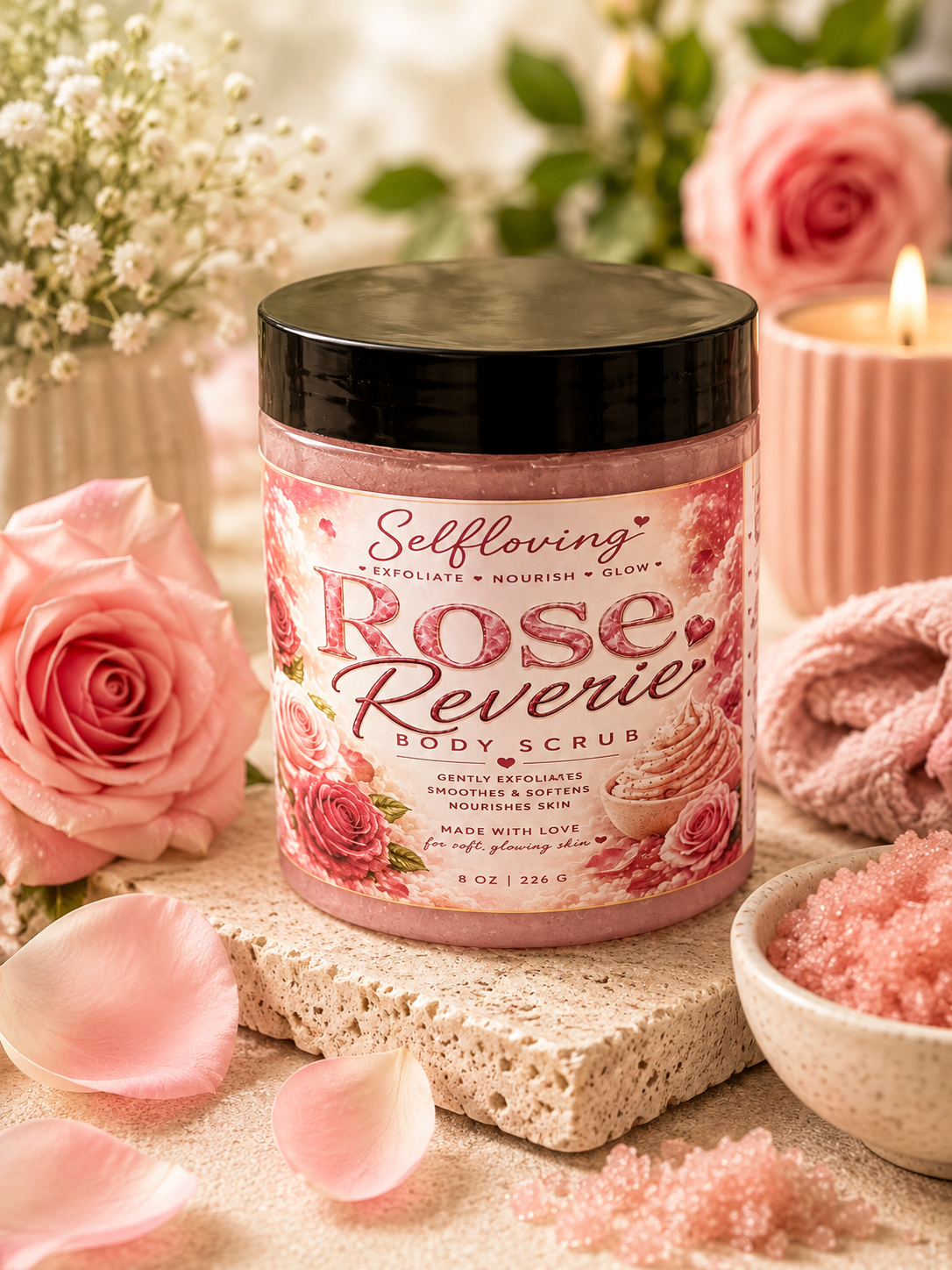 Selfloving Rose Reverie Body Scrub – Exfoliating & Nourishing Rose Sugar Scrub, 8 oz