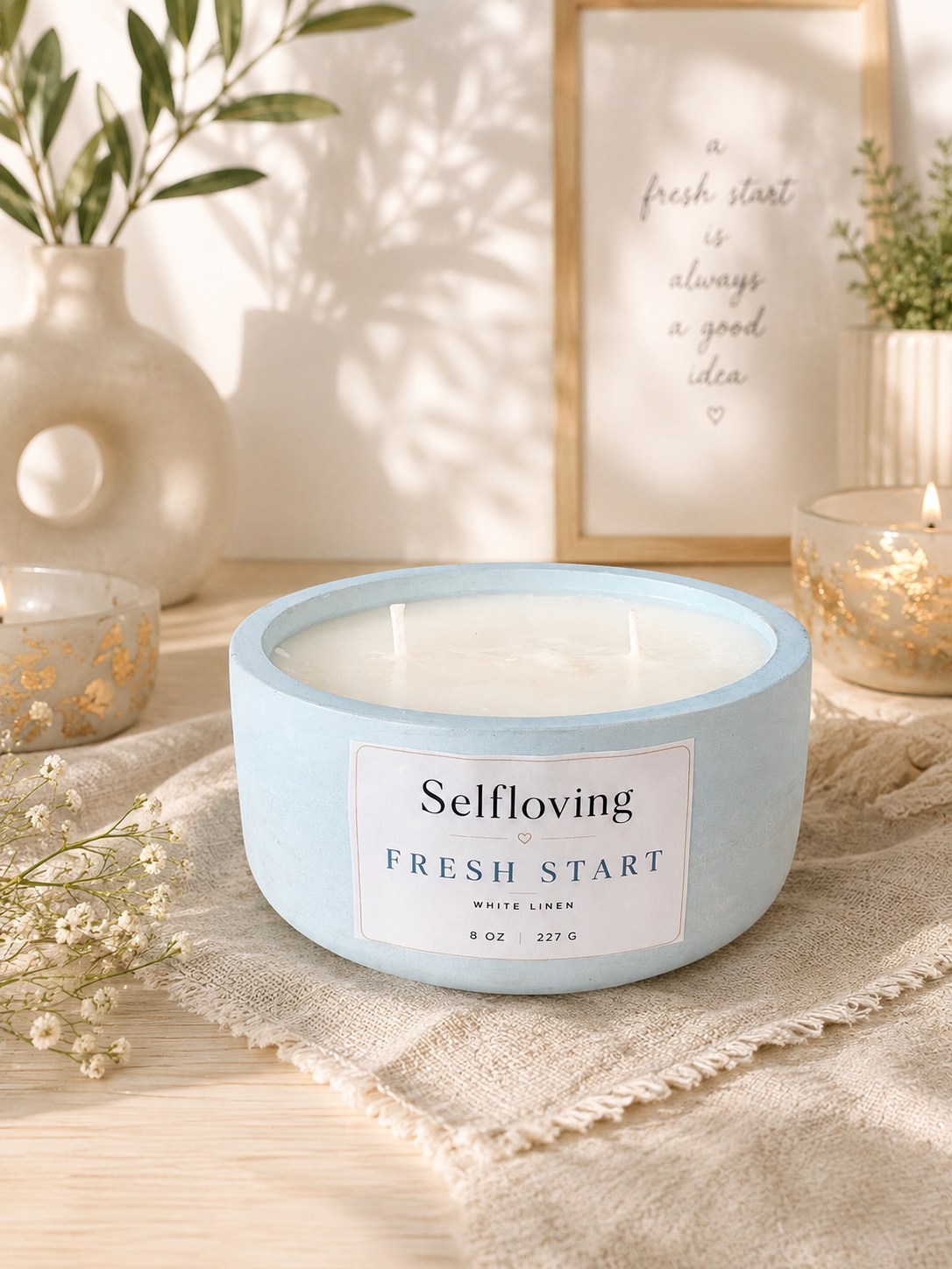 Selfloving Fresh Start – White Linen Scented Candle, 8 oz
