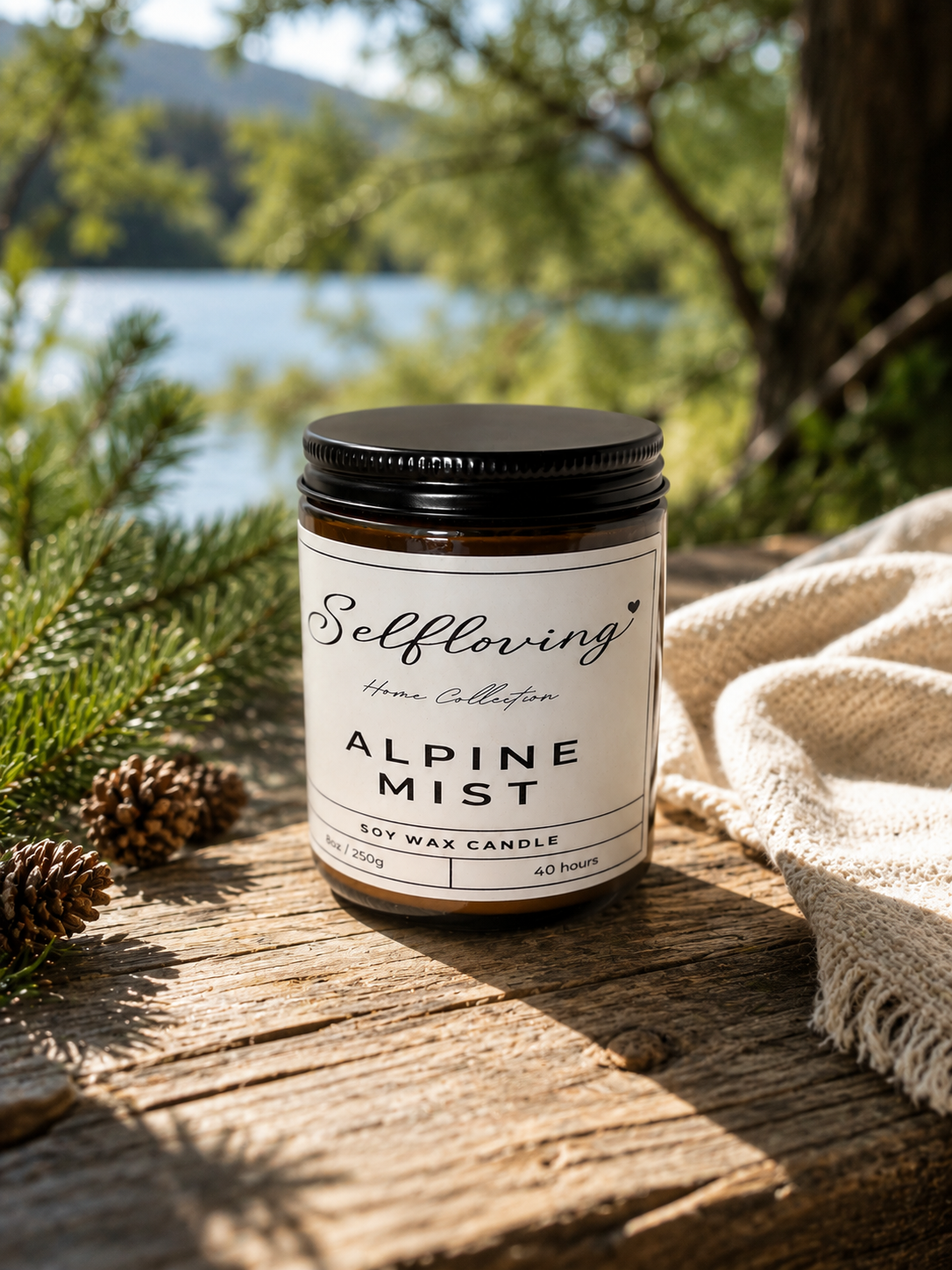 Selfloving Home Collection | Alpine Mist Soy Wax Candle | Fresh Pine & Evergreen Scent | 8 oz | 40-Hour Burn