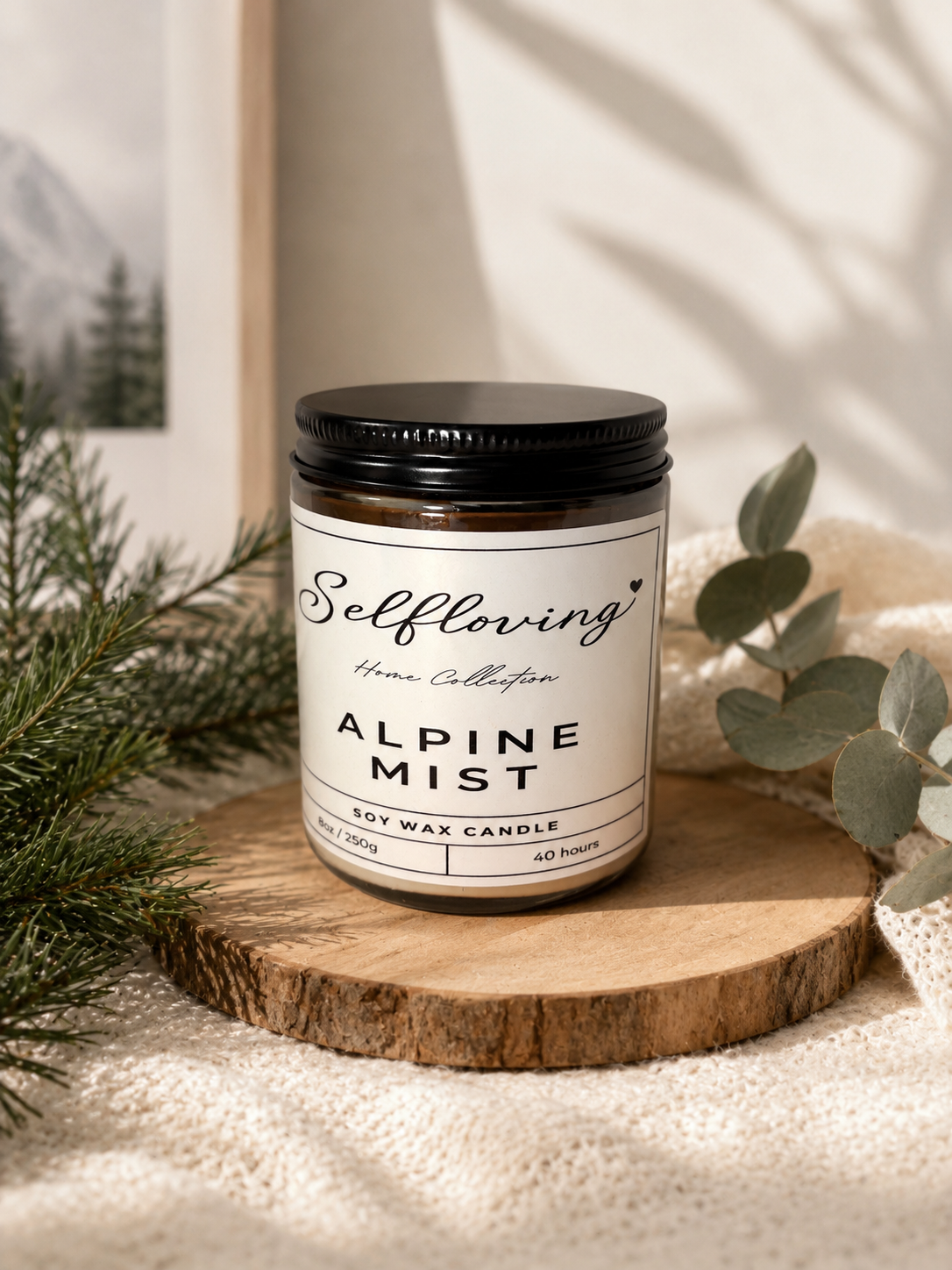Selfloving Home Collection | Alpine Mist Soy Wax Candle | Fresh Pine & Evergreen Scent | 8 oz | 40-Hour Burn